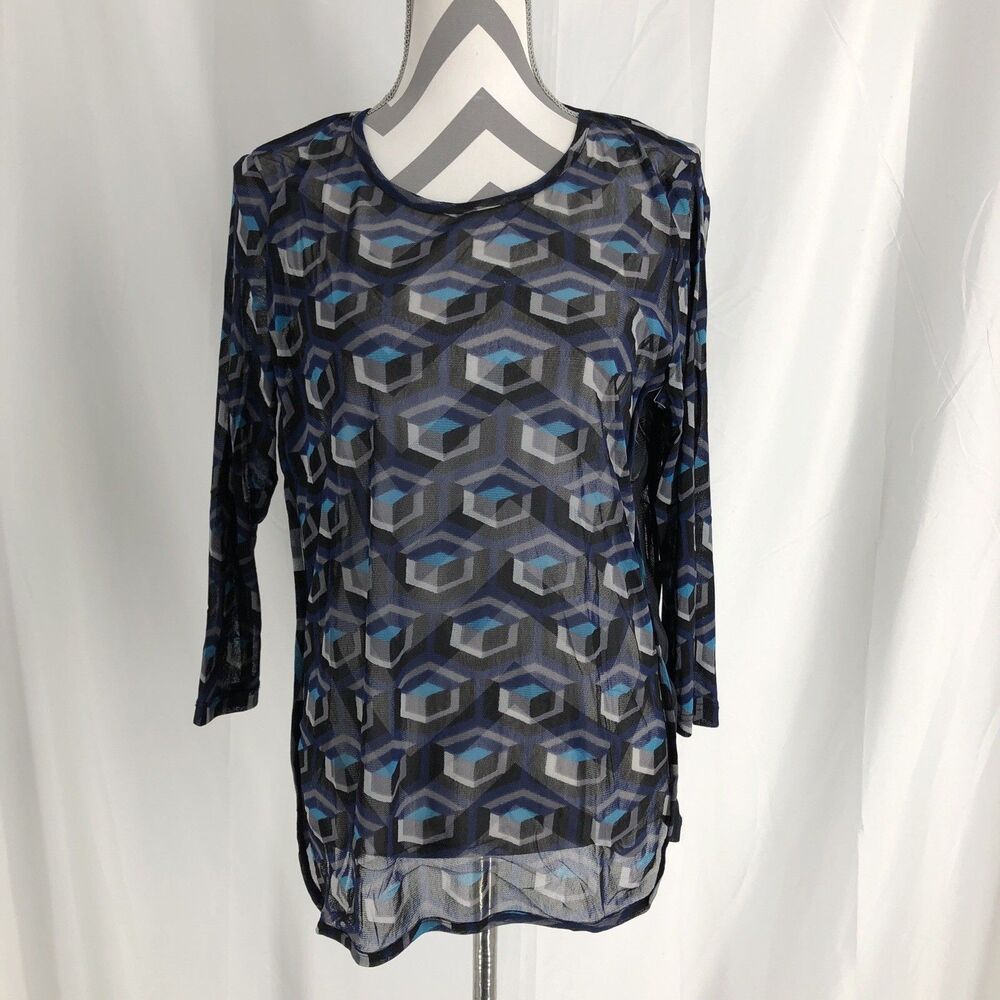 LYNN RITCHIE Sheer Mesh Long Sleeve Top Women’s Size Large Geometric